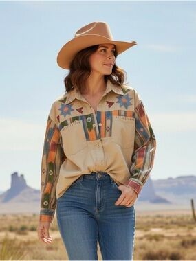 Pink on Pink Women’s Southwestern Western Shirt Size M Tan Embroidered Aztec VTG